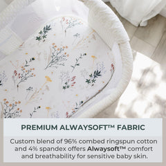 Close-up of Pobibaby wildflower bassinet sheet fabric showing softness