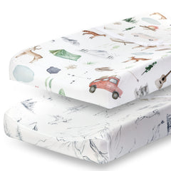Pobibaby woodland-pattern changing pad cover on a changing table, two-pack for easy rotation