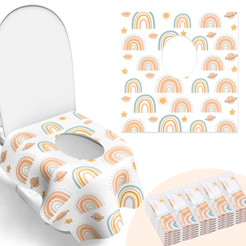 POIKSHARK rainbow toilet seat cover with full-seat coverage for public restrooms.