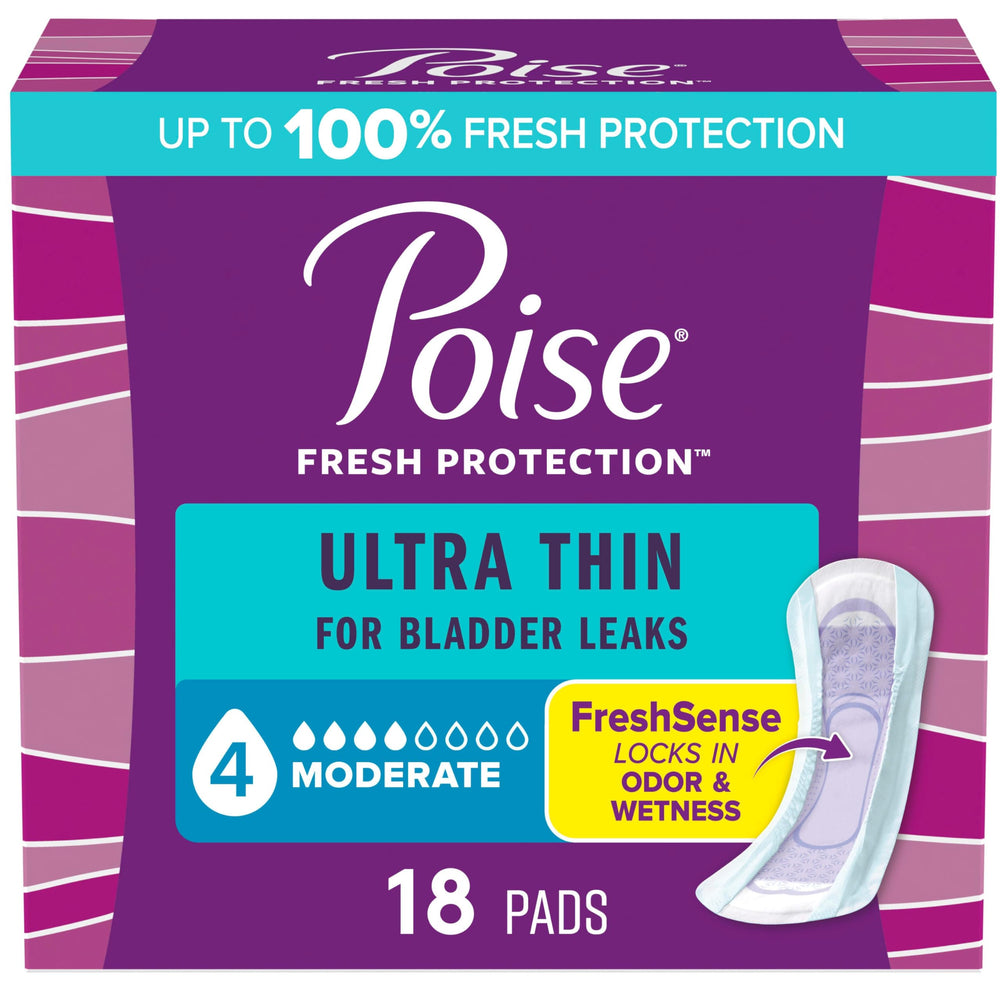 Poise Ultra Thin pads in an 18-count pack provide discreet light-leak protection