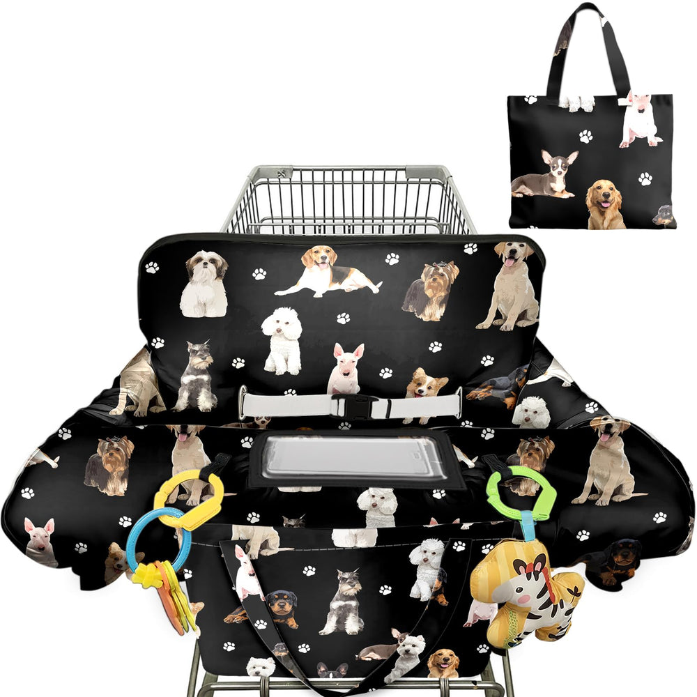 Polovillae black shopping cart cover with dog pattern provides safe, clean surfaces for babies.