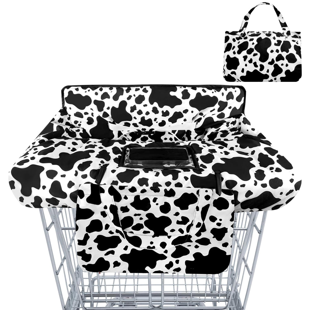 Polovillae shopping cart cover in dark cow pattern protects baby from germs while shopping