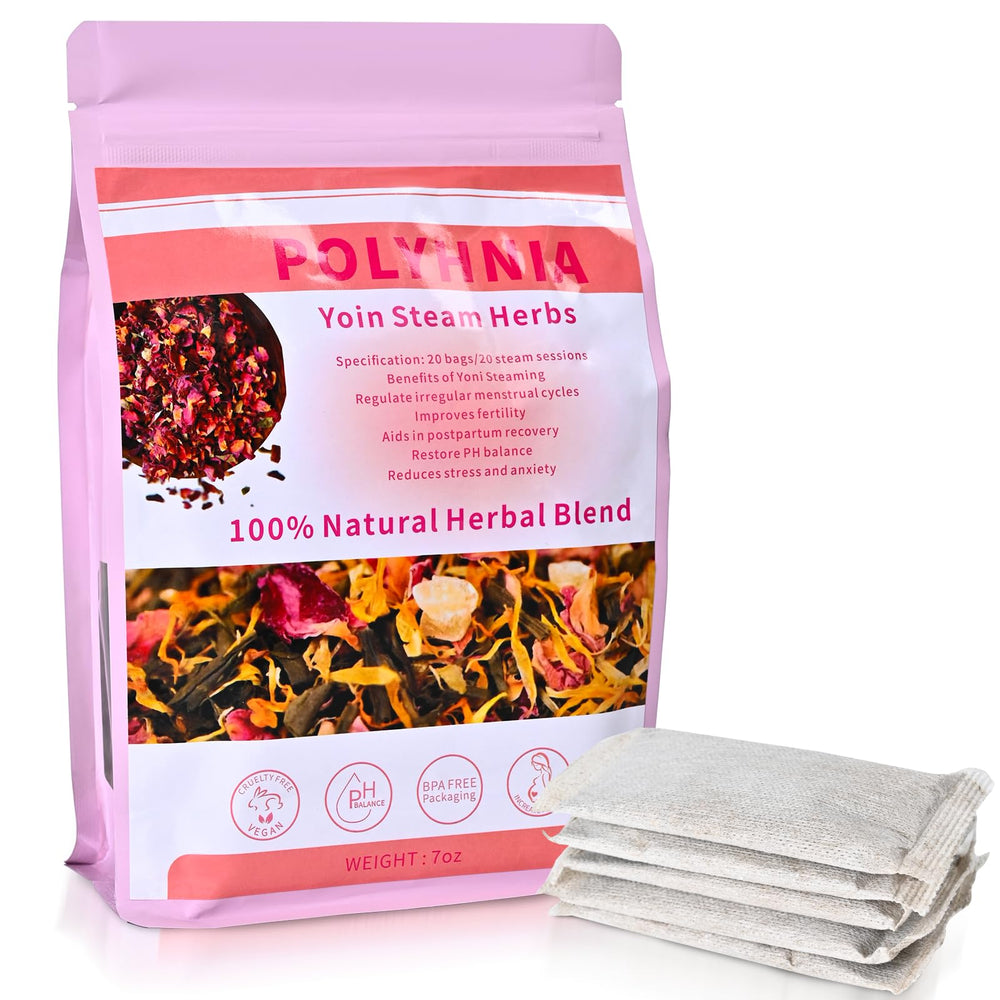 POLYHNIA Yoni Steam Herbs packaging shows 20 sachets for convenient home use.