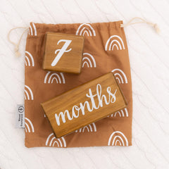 Pondering Pine milestone blocks with rounded corners, designed for baby safety.