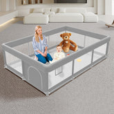Poodee baby playpen with a large 74x50 inch play area for spacious, safe crawling.