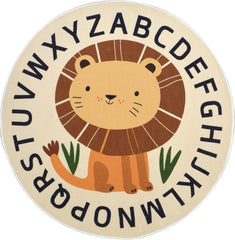 Poowe round play area rug featuring alphabet theme promotes learning through play.