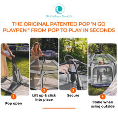 POP 'N GO Playpen Lavender with UV canopy shielding sun during outdoor play.