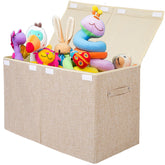 Popoly large toy box with flip-top lid in linen beige for quick toy access.