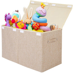 Popoly large toy box with flip-top lid in linen beige for quick toy access.