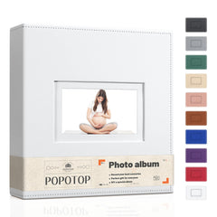 Popotop photo album with leather cover and double front window for cherished memories.