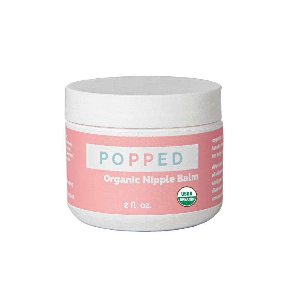 Popped Organic Nipple Butter jar—creamy balm nourishes dry nipples during breastfeeding.