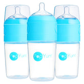 PopYum 9 oz blue bottle front view with anti-colic design for calm feeds