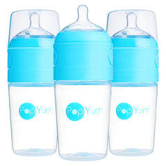 PopYum 9 oz blue bottle front view with anti-colic design for calm feeds
