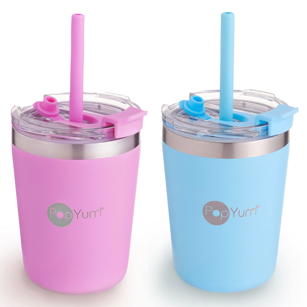 PopYum 9oz insulated kids cup blue with lid and straw keeps drinks cold.