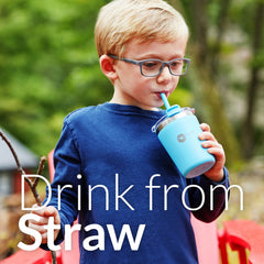 PopYum 9oz insulated kids cup pink front view with lid and straw keeps beverages stable.