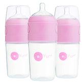 PopYum 9 oz pink bottle showing anti-colic design for calmer feeding sessions