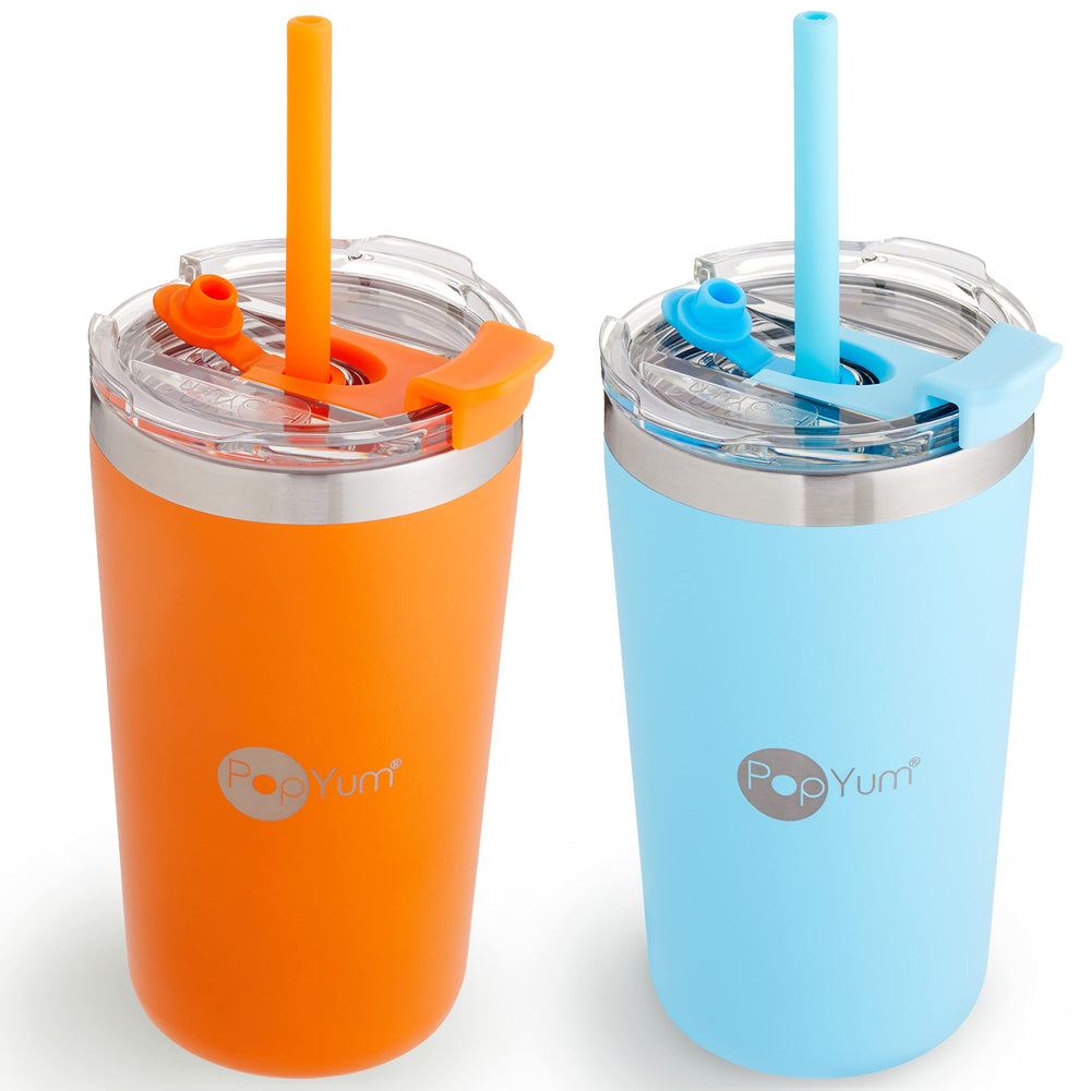PopYum orange cup with lid and straw for on-the-go sipping