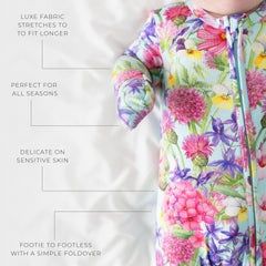 Posh Peanut newborn fold-over mittens on sleeper for warmth and protection.
