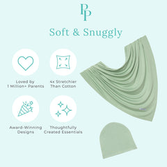 Posh Peanut Sage beanie and headband pair adds stylish finishing touch for newborn photos.