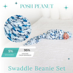 Posh Peanut Sharks beanie to match the swaddle for a coordinated look