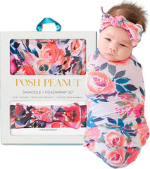 Posh Peanut swaddle blanket and headband set showing soft bamboo fabric for newborn comfort