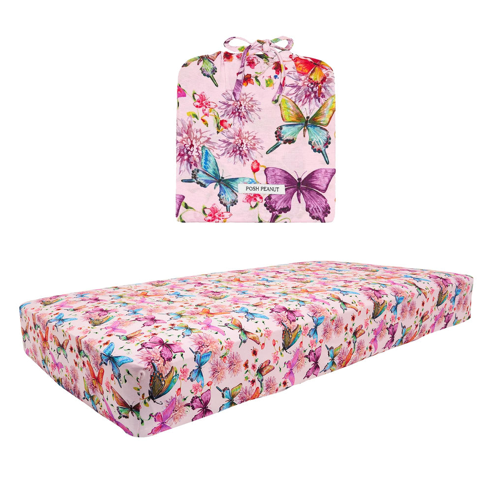 Posh Peanut watercolor butterfly crib sheet in soft bamboo fabric for baby comfort.