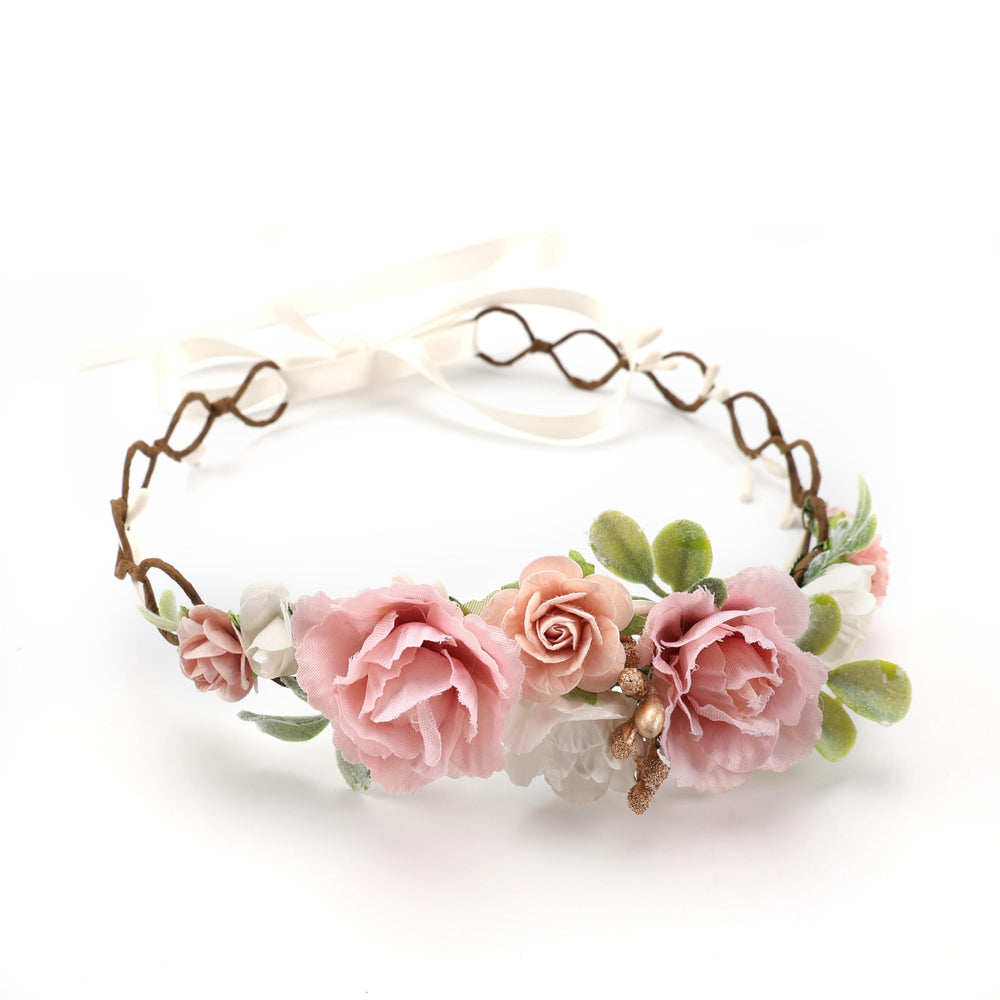 PoshMyra pink flower crown with adjustable back ties for a comfortable fit on growing kids.