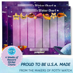 Potty Time four-week chart layout highlights progress across a space-themed plan.