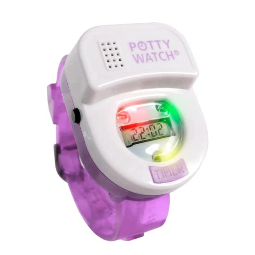 Potty Time purple watch on the wrist with a gentle potty reminder.