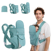 POVENK baby carrier front view in green supports breathable comfort.