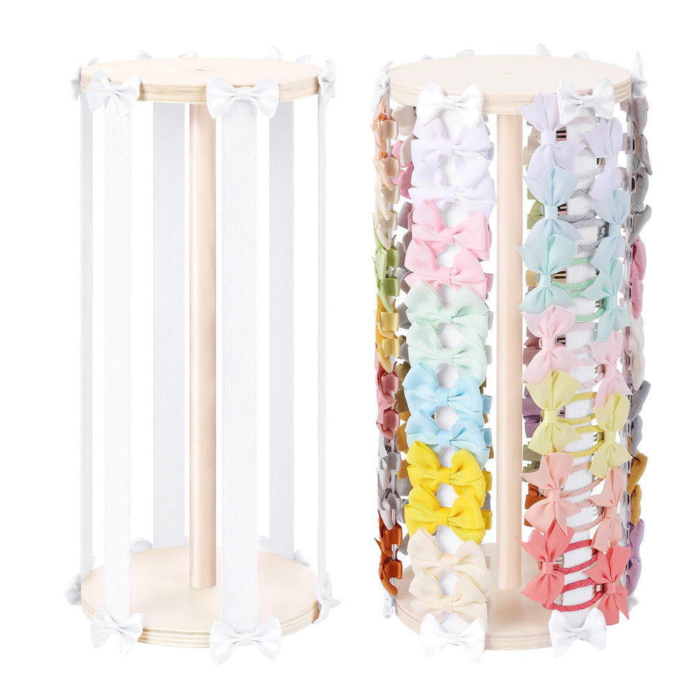 POVETIRE hair bow holder demonstrates white wooden frame organizing girls' bows for tidy display.