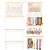 POVETIRE headband holder macrame wall hanging keeps headbands organized and stylish in the nursery.