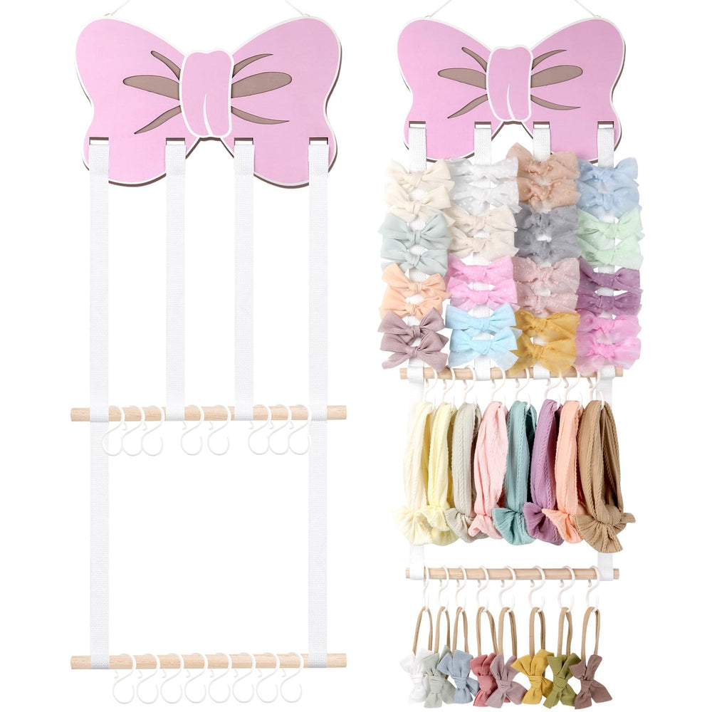 POVETIRE headband holder mounted on wall displaying headbands and bows clearly
