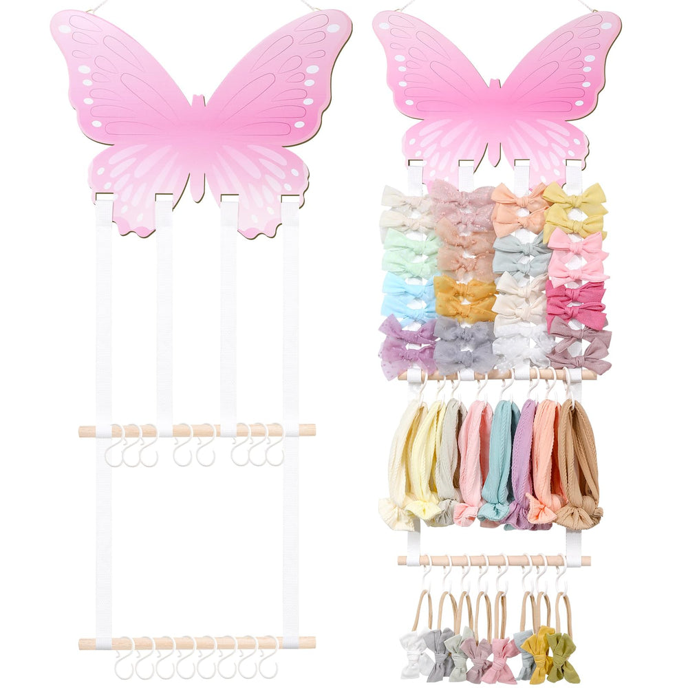 POVETIRE headband holder on wall displaying bows for quick styling