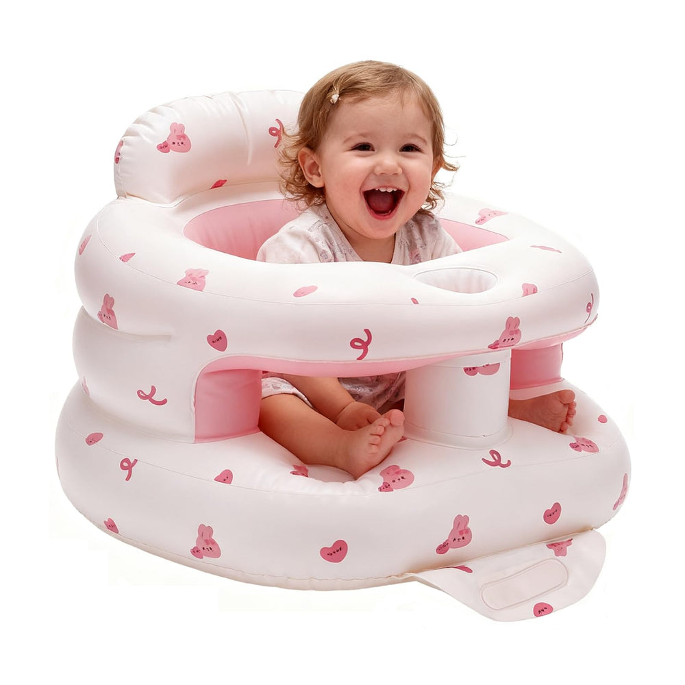 POZMTIORE inflatable baby seat front view in pink bunny, ideal for 3–36 months.