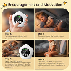 Prabensei bedwetting alarm receiver placed on bedside table for gentle wake prompts.