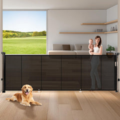 Pravoluxmax 120in retractable gate extended shows wide doorway safety for kids and pets.