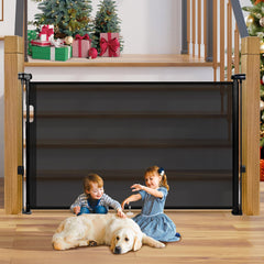 Pravoluxmax retractable baby gate closed across a doorway for pet and child safety
