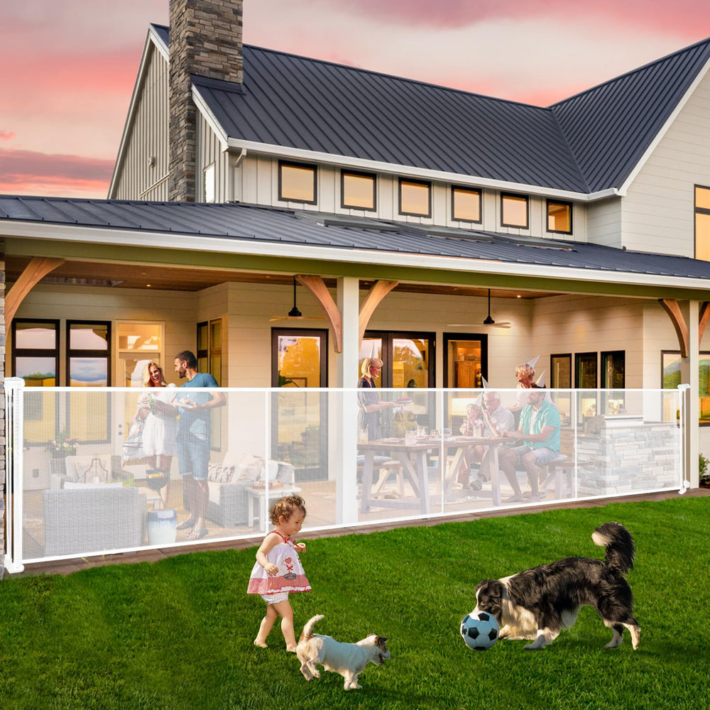 Pravoluxmax retractable gate extended to 200 inches for wide openings.