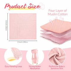 Preboun muslin washcloth 12x12 in pink, gentle cleansing for delicate skin