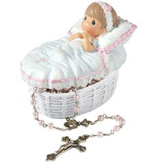 Precious Moments Baptized in His Name rosary box with delicate rosary.