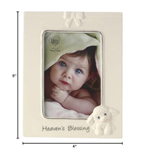 Precious Moments ceramic lamb photo frame closeup in beige, adds a sweet nursery decor accent.