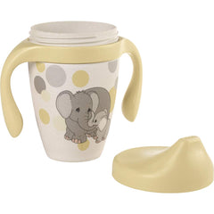 Precious Moments earthtone sippy cup featuring leaf pattern, dishwasher-safe for simple cleanup.