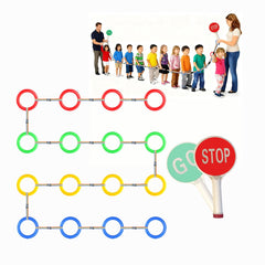Preschool walking rope with blue rings helps create orderly lineups.