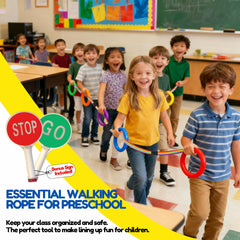 Preschool walking rope with green rings promotes safe movement.