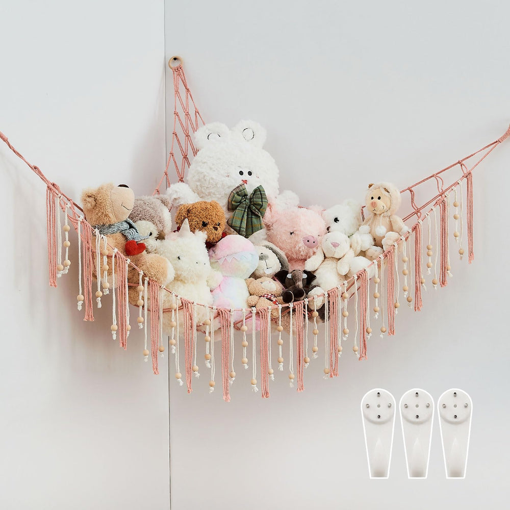 Pretty Jolly stuffed animal storage hammock in corner display for organized toy collection.