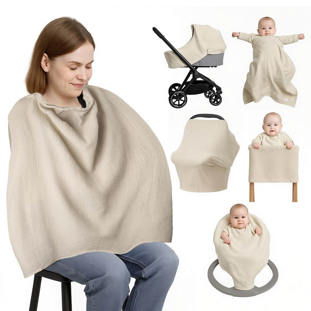 Pretwad muslin nursing cover with arched neckline for breathable privacy.