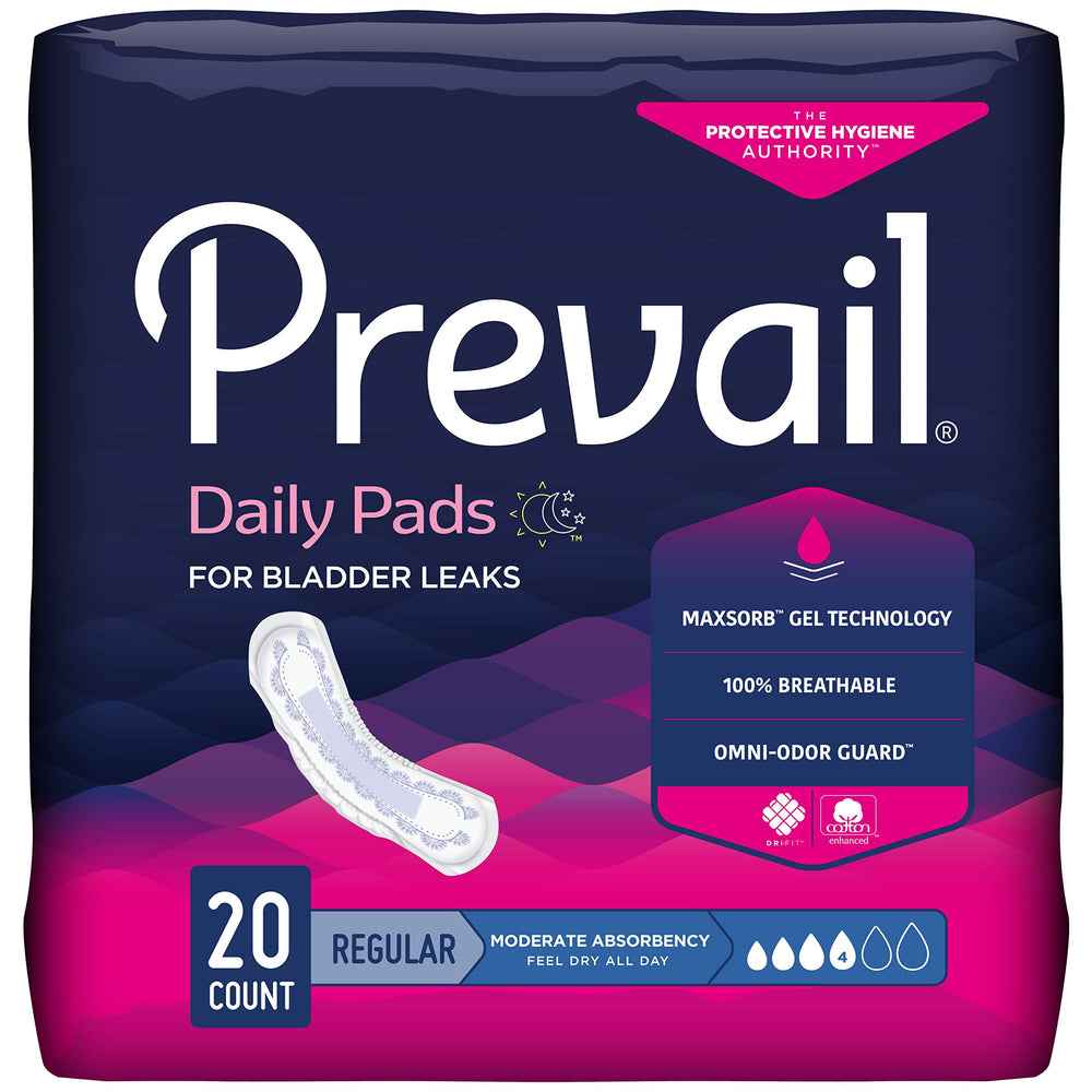 Prevail bladder-control pads regular length pack shot provides discreet daily protection.
