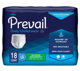 Prevail incontinence underwear packaging displays a discreet four-pack box.