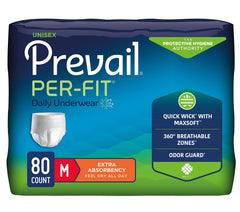 Prevail Per-Fit underwear packaging front view showing discreet protection.